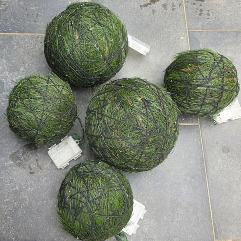 SET 5 Pottery Barn WIRED GRASS BallS 7” & 10" WITH LIGHTS/TIMER